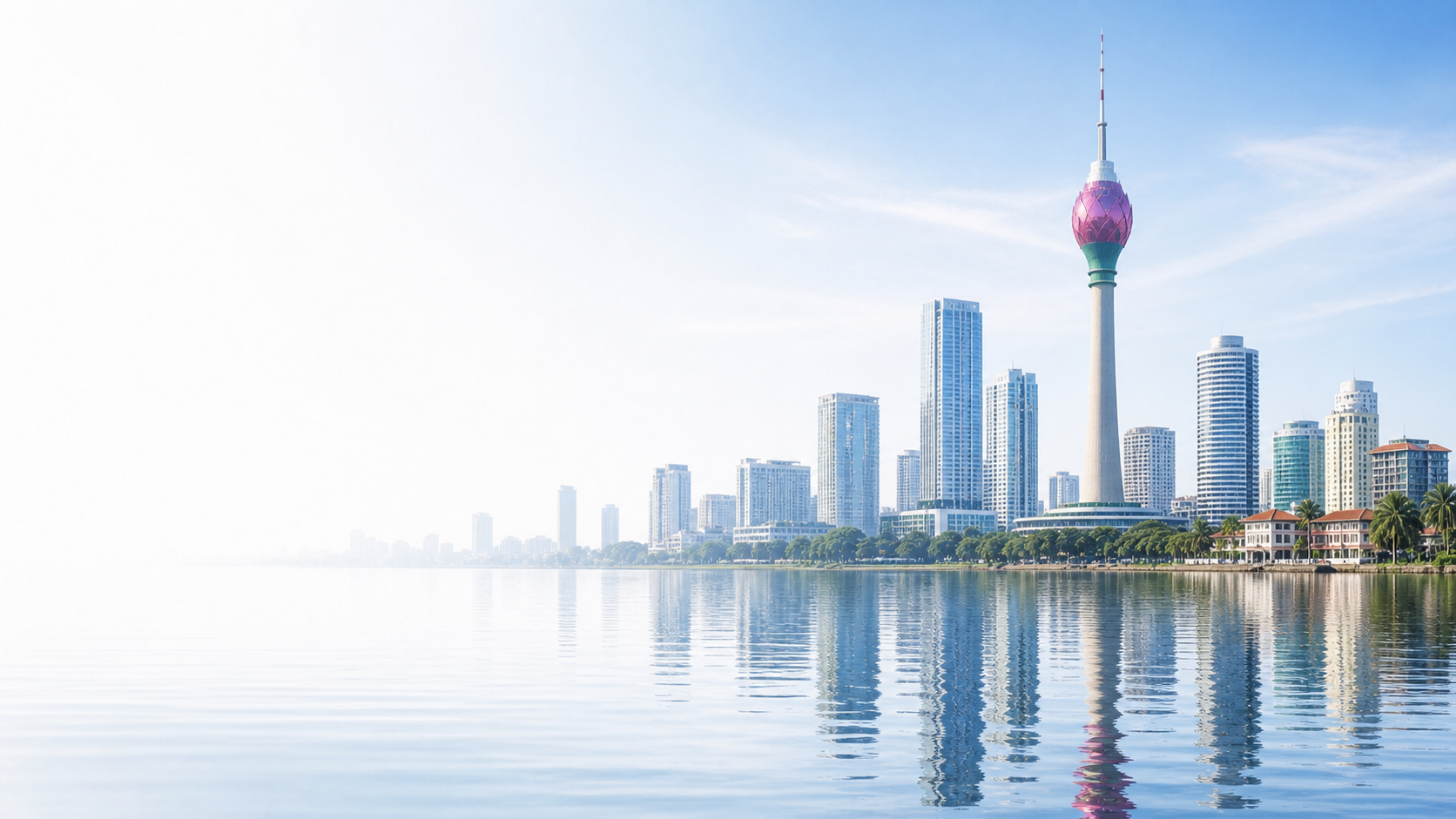 The Colombo skyline and Lotus Tower reflected on calm water